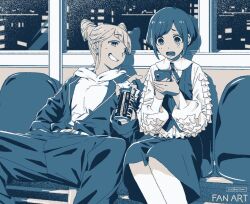 2girls belt blue_theme can collared_shirt commentary_request cone_hair_bun double_bun drink_can fingerless_gloves frilled_shirt frilled_sleeves frills frown fukurai_azami gloves grin hair_bun holding holding_can holding_phone indoors jaggy_lines jasmine_(toshi_densetsu_kaitai_center) jumpsuit legs_apart long_sleeves monochrome multiple_girls night open_mouth pantyhose phone pointing shirt short_hair sitting skirt smile tearing_up teeth toshi_densetsu_kaitai_center window zeroji_(motherzero)