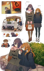 1boy 2girls 404no2929 backpack bag blush brown_hair brown_shoes coat cold commentary_request eating food full_body gloves hands_in_pockets highres holding holding_bag holding_food loafers long_hair long_sleeves looking_at_another miya_(404no2929) multiple_girls original outdoors pink_scarf pleated_skirt roasted_sweet_potato scarf shion_(404no2929) shoes sitting skirt sneakers steam sweet_potato translated white_background yuri