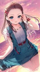 1girl absurdres adjusting_hair belt blue_eyes blue_skirt blue_vest brown_hair collarbone dutch_angle frilled_sleeves frills hair_ornament hairpin heaven_burns_red highres jewelry long_hair looking_at_viewer necklace official_art ooshima_niina outdoors parted_lips red_belt shallow_water shirt short_sleeves skirt skirt_hold solo suimya upper_body vest wading water white_shirt
