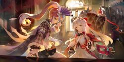 2girls absurdres black_gloves blue_eyes blue_hair bow breasts carlotta_(wuthering_waves) chinese_commentary commentary_request desk dress earrings eye_mask gloves hair_bow hairband hand_up highres holding holding_mask huqu_(huqu45712) indoors jacket jewelry long_hair looking_at_viewer mask mask_on_head medium_breasts multicolored_hair multiple_girls on_desk parted_bangs pink_bow pink_hair pink_hairband pink_jacket roccia_(wuthering_waves) sidelocks sitting symbol-shaped_pupils tacet_mark_(wuthering_waves) two-tone_hair w white_dress white_hair wuthering_waves x-shaped_pupils yellow_eyes