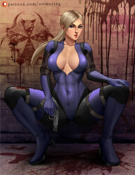 Rule 34 | 1girl, arimatang, artist name, blonde hair, blood, blood on wall, blue eyes, bodysuit, breasts, full-length zipper, gun, handgun, highres, holding, holding gun, holding weapon, jill valentine, long hair, partially unzipped, patreon username, ponytail, purple bodysuit, resident evil, resident evil 5, squatting, variant set, weapon, zipper