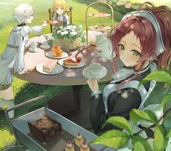 3girls absurdres aisha_greyrat apron ascot black_dress black_vest blonde_hair blush branch brown_hair brown_shorts cake closed_mouth collared_shirt commentary_request cup day dress elf food full_body grass green_eyes highres holding holding_kettle holding_plate kettle lens_flare long_sleeves looking_at_another looking_at_viewer maid maid_apron maid_headdress marbo_(saico556) multiple_girls mushoku_tensei norn_greyrat on_chair open_mouth outdoors plate pointy_ears pouring shirt short_hair short_hair_with_long_locks shorts shorts_under_dress signature sitting smug standing sylphiette_(mushoku_tensei) table teacup vest wavy_mouth white_apron white_ascot white_dress white_hair white_headdress white_shirt