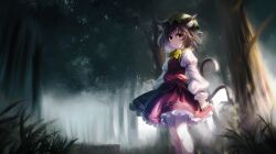 1girl :o animal_ear_fluff animal_ears bow brown_hair cat_ears cat_tail chen commentary dress english_commentary feet_out_of_frame fog forest grass green_hat hat highres long_sleeves looking_at_viewer mob_cap multiple_tails nature outdoors petticoat puffy_long_sleeves puffy_sleeves red_dress red_eyes short_hair skirt solo standing tail touhou tree two_tails xiirus yellow_bow