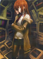 1girl absurdres arm_belt belt black_pantyhose black_shorts breast_pocket breasts brown_hair brown_jacket collared_shirt copyright_name crt hair_between_eyes hair_over_one_eye hair_over_shoulder hand_in_own_hair hand_over_eye highres huke jacket jacket_partially_removed leather_belt looking_at_viewer makise_kurisu monitor necktie non-web_source official_art pantyhose pocket purple_eyes purple_trim red_necktie ringed_eyes scan shiny_lips shirt shorts small_breasts smile solo square_pupils standing steins;gate thick_thighs thighs white_belt white_shirt