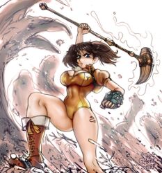 Rule 34 | 1girl, arm up, blue eyes, boots, breasts, brown hair, cleavage cutout, clothing cutout, diane (nanatsu no taizai), fingerless gloves, gloves, large breasts, leotard, long hair, nanatsu no taizai, single glove, snake tattoo, tattoo, the golden smurf, twintails