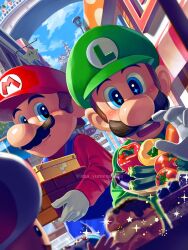2boys ?_block bell_pepper block_(mario) blue_overalls blue_sky carrot cloud collared_shirt cucumber eggplant facial_hair food fruit green_headwear green_shirt holding holding_food holding_fruit holding_vegetable luigi male_focus mario mario_(series) multiple_boys mustache nintendo overalls princess_peach&#039;s_castle red_headwear red_shirt shirt sky smile star-shaped_pupils star_(symbol) super_star_(mario) symbol-shaped_pupils toad_(mario) tomato vegetable yuuma_rimi