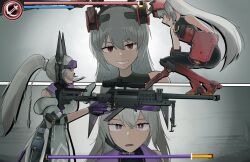 Rule 34 | 2girls, amoncheeto, animal ears, anti-materiel rifle, bolt action, character name, commentary, dark-skinned female, dark skin, earrings, fake animal ears, girls&#039; frontline, girls&#039; frontline 2: exilium, gloves, gun, health bar, highres, holding, holding gun, holding sword, holding weapon, jewelry, krolik (girls&#039; frontline 2), long hair, looking at another, looking at viewer, mechanical ears, multiple girls, multiple views, nemesis (girls&#039; frontline 2), nemesis (wandering star trail) (girls&#039; frontline 2), official alternate costume, open mouth, purple eyes, purple gloves, rabbit ears, rifle, scope, shield, smile, sniper rifle, sword, teeth, weapon, white hair