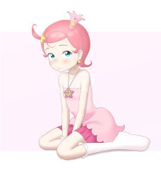 1girl absurdres arms_between_legs bare_shoulders blue_eyes blush boots comet_(comet-san) cosmic_baton_girl_comet-san crown dress earrings female_focus full_body hair_ornament highres jewelry looking_at_viewer necklace pink_dress pink_hair sc_naru short_hair sitting solo star_(symbol) star_earrings star_hair_ornament star_necklace strapless strapless_dress white_boots