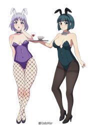 2girls absurdres alcohol animal_ears bow bowtie breasts cleavage coffee cup detached_collar drinking_glass fake_animal_ears green_eyes green_hair hand_on_own_cheek hand_on_own_face high_heels highres holding holding_tray large_breasts leotard looking_at_viewer megami_no_cafe_terrace mesh multiple_girls ono_shiragiku open_mouth oxicmar playboy_bunny purple_eyes rabbit_ears short_hair simple_background souya_moemi standing strapless strapless_leotard thighhighs tray white_background wine wine_glass
