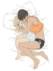 2girls barefoot bed blonde_hair brown_hair closed_eyes crop_top dark-skinned_female dark_skin dress height_difference highres kei_(m_k) long_hair lying m_k multiple_girls on_side original pillow rika_(m_k) short_hair short_shorts shorts sleeping spooning strap_slip sweat tall_female tank_top tomboy yuri