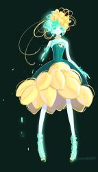 Rule 34 | 1other, alternate costume, amputee, androgynous, aqua eyes, aqua gloves, aqua hair, bare shoulders, beads, black dress, black footwear, bug, butterfly, butterfly ornament, choker, colored skin, crystal hair, dress, fingerless gloves, flower, full body, gloves, green eyes, green hair, green socks, hair flower, hair ornament, highres, houseki no kuni, insect, legs apart, nukumorineko, other focus, phosphophyllite, see-through clothes, see-through socks, shards, short hair, single glove, socks, solo, standing, strapless, strapless dress, translucent hair, twintails, white skin, yellow butterfly, yellow flower