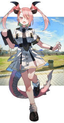 1girl absurdres black_necktie black_shoes clipboard collared_shirt full_body green_hair high-waist_skirt highres holding holding_clipboard horns katsu_(katsupainter) looking_at_viewer multicolored_hair necktie open_mouth original pink_eyes pink_hair pink_scales scales shirt shoes skirt solo standing standing_on_one_leg streaked_hair tail twintails two-tone_hair white_shirt white_skirt