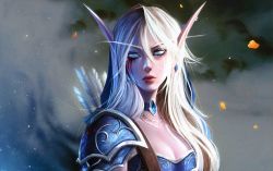 1girl alisa_nilsen armor arrow_(projectile) blonde_hair blue_choker blue_eyes choker closed_mouth earrings elf facial_mark hair_between_eyes high_elf_(warcraft) highres jewelry long_pointy_ears looking_to_the_side pauldrons pointy_ears quiver shoulder_armor sideways_glance solo sylvanas_windrunner upper_body warcraft warcraft_iii warcraft_iii