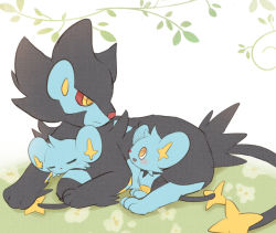 =_= animal_focus blush closed_eyes colored_sclera day eye_contact family flat_color from_side full_body gen_4_pokemon grass happy light_blush looking_at_another looking_down looking_up luxray nintendo no_humans on_ground open_mouth outdoors pio_(piopio_poke) pokemon pokemon_(creature) red_sclera ringed_eyes shinx sitting sketch sleeping smile yellow_eyes