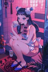 1girl aburage_(motimotigg20) steamed_bun bare_legs blue_eyes blue_hair bow bracelet bun_cover chinese_knot doormat double_bun dress drink drinking_straw earrings eyeliner food gingham glass hair_bun high_heels holding holding_food holding_phone jewelry knees_up lips long_hair makeup mandarin_collar open_mouth original phone plant potted_plant red_eyeliner sitting sitting_on_stairs sleeveless sleeveless_dress solo stairs surprised tassel