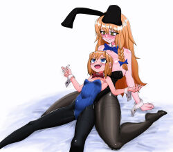 2girls absurdres alice_margatroid animal_ears bags_under_eyes black_leotard black_pantyhose blonde_hair blue_bow blue_bowtie blue_leotard blush bow bowtie breasts cigarette commentary_request cookie_(touhou) detached_collar fake_animal_ears fangs full_body grey_pantyhose hair_bow highres holding holding_cigarette kirisame_marisa large_breasts leotard long_hair looking_at_another mars_(cookie) multiple_girls open_mouth pantyhose playboy_bunny pyukasshori rabbit_ears red_bow red_bowtie short_hair sitting sitting_on_lap sitting_on_person small_breasts smile strapless strapless_leotard taisa_(cookie) touhou white_background wrist_cuffs yellow_eyes