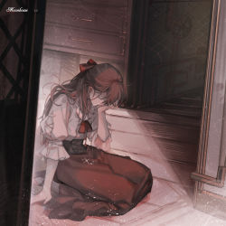 1girl absurdres bare_arms brown_skirt chinese_commentary commentary_request corset crying dress hand_on_own_face hidden_face highres kneeling long_hair lord_of_the_mysteries melissa_moretti no.9_yualuodesi_mimitongxinzhong on_floor open_mouth red_ribbon ribbon short_sleeves skirt sobbing solo tears wall wardrobe wooden_floor