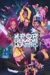 3girls 5boys abby_(kpop_demon_hunters) absurdres baby_(kpop_demon_hunters) black_hair boots braid braided_ponytail commentary copyright_name cropped_jacket derpy_(kpop_demon_hunters) double_bun earrings english_commentary fingerless_gloves flying gat_(hat) gloves hair_bun hat highres holding holding_sword holding_weapon jewelry jinu_(kpop_demon_hunters) kpop_demon_hunters long_hair mira_(kpop_demon_hunters) multiple_boys multiple_girls multiple_views mystery_(kpop_demon_hunter) ohlenic pants pink_hair purple_hair romance_(kpop_demon_hunters) rumi_(kpop_demon_hunters) sidelocks skirt sparkle sussie_(kpop_demon_hunters) sword thigh_boots tiger weapon yellow_skirt zoey_(kpop_demon_hunters)