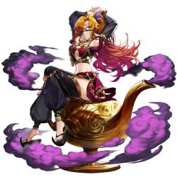 1girl alexa_(final_gear) alternate_costume alternate_hair_length alternate_hairstyle arabian_clothes arm_over_head artist_request bare_shoulders black_pants black_sleeves black_straps blue_feathers bra breasts burn_scar center_opening clothing_cutout cross-laced_straps crossed_legs diamond_(shape) diamond_in_eye feather_hair_ornament feathers final_gear flip-flops full_body genie_lamp gold_collar grey_nails hair_ornament harem_outfit high_heel_sandals high_heels highres jewelry lamp long_hair long_sleeves midriff mouth_veil nail_polish navel necklace o-ring official_alternate_costume official_alternate_hair_length official_alternate_hairstyle official_art one_eye_closed orange_hair pants red_bra red_eyes sandals scar see-through_clothes see-through_veil simple_background single_polished_nail sitting smoke solo tachi-e thigh_cutout third-party_source toenails transparent_background underboob underwear veil very_long_hair yellow_pupils