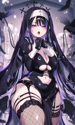 Rule 34 | 1girl, bird, black gloves, black veil, blurry, blurry background, blush, breasts, cleavage, clothing cutout, cross, cross necklace, crow, fishnet thighhighs, fishnets, garter belt, garter straps, gloves, highres, indoors, jewelry, kat (bu-kunn), large breasts, long hair, long sleeves, looking at viewer, navel, navel cutout, necklace, no panties, nun, open mouth, original, own hands together, purple eyes, purple hair, solo, thigh strap, thighhighs, thighs, veil