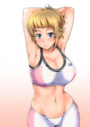 10s 1girl armpits arms_behind_head arms_up bike_shorts blonde_hair blue_eyes blush breasts cleavage covered_erect_nipples female_focus gradient_background groin gundam gundam_build_fighters gundam_build_fighters_try hoshino_fumina johnny_(from_scratch) large_breasts looking_at_viewer midriff navel short_hair smile solo sports_bra taut_clothes