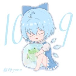 1girl absurdres ahoge artist_name barefoot blue_bow blue_dress blue_hair blue_outline bow chibi cirno cirno_day collared_shirt commentary dated dress drooling eyebrows_hidden_by_hair eyelashes frilled_sleeves frills frog frozen_frog full_body highres hugging_object ice ice_wings knee_up light_blush mouth_drool open_mouth outline puffy_short_sleeves puffy_sleeves shirt short_hair short_sleeves sleeping sleeping_upright solo text_background touhou white_shirt wings yumu_(14946794)
