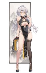 1girl absurdres alternate_costume animal animal_on_shoulder armlet bare_shoulders bird bird_on_shoulder black_dress breasts brown_thighhighs china_dress chinese_clothes clothes_lift clothing_cutout commentary covered_navel dress flats full_body gold_trim hair_ornament hairclip hand_up highres jewelry large_breasts long_hair looking_at_viewer midori_fufu panty_straps pelvic_curtain pelvic_curtain_lift shoes side-tie_peek single_thighhigh sleeveless sleeveless_dress solo standing thighhighs thighs underboob underboob_cutout white_hair yellow_eyes yi_xuan_(zenless_zone_zero) zenless_zone_zero