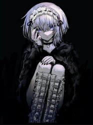 1girl absurdres bags_under_eyes black_choker black_hoodie black_nails boot_straps boots choker closed_mouth female_focus highres hood hoodie indie_virtual_youtuber light_purple_hair looking_at_viewer maid_headdress medium_hair nail_polish pale_skin purple_eyes sitting solo torichikushou virtual_youtuber