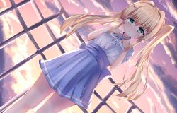 1girl absurdres back_bow backlighting blue_bow blue_ribbon blue_skirt blush bow clenched_hands cloud commentary cowboy_shot dutch_angle eyes_visible_through_hair green_eyes hair_between_eyes hair_intakes hair_ornament hands_up high-waist_skirt highres kokoroofiscream long_hair looking_at_viewer neck_ribbon nose_blush official_alternate_costume open_mouth outdoors railing ribbon ringed_eyes shirt short_sleeves sidelocks skirt solo straight_hair summer_pockets sunlight sunset tsumugi_wenders twintails white_shirt x_hair_ornament