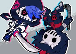 2boys akagi_(redsiland) black_gloves black_jacket black_shoes blue_hair chibi chibi_only commentary_request ear_piercing full_body gloves highres holding holding_sword holding_weapon hood hood_up jacket male_focus mask multiple_boys open_clothes open_jacket original outline pants piercing shoes spiked_shoes spikes sword twitter_username weapon
