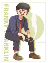 1boy afro beard_stubble black_hair black_pants blue_shirt blush brown_shoes character_name cigarette closed_eyes earrings facial_hair facing_viewer franky_franklin full_body glasses holding holding_cigarette invisible_chair jewelry necktie ouka_(gegege_853suki) pants red-framed_eyewear red_necktie shirt shoes sideburns single_earring sitting smoke socks spy_x_family striped_clothes striped_socks stubble suspenders twitter_username