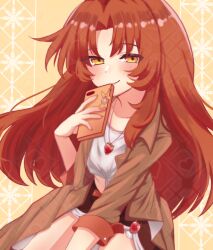 Rule 34 | 1girl, absurdres, brown coat, brown skirt, closed mouth, coat, highres, holding, holding phone, homu (honkai impact), honkai (series), honkai impact 3rd, jewelry, long hair, looking at viewer, murata himeko, necklace, phone, red hair, satoyukitowa, shirt, skirt, smile, solo, very long hair, white shirt, yellow background, yellow eyes