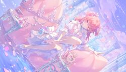 1girl bow cheer_with_my_heart!_(project_sekai) colorful_palette game_cg highres long_hair momoi_airi official_art petals pink_eyes pink_hair project_sekai two-tone_background white_bow