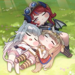 3girls :3 absurdres ahoge animal_ear_fluff animal_ears barefoot bell black_hat black_shirt blue_eyes blue_shorts blush_stickers bow brown_hair butter_(trickcal) cat_ears cat_girl cat_tail character_request chibi closed_eyes collar demon_horns demon_wings dog_ears dog_girl dog_tail fang goggles goggles_on_headwear grey_hair hair_bow hat highres horns hug kommy_(trickcal) long_hair lying multiple_girls neck_bell on_back on_side one_eye_closed open_mouth outdoors pink_shorts ribbon shirt shorts sleeping smile striped_clothes striped_thighhighs tail thighhighs trickcal white_shirt wings wjddn yellow_ribbon yellow_shirt