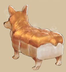 animal_focus ass ass_focus bow_(bhp) bread bread_bun brown_background brown_theme dog food food-themed_creature from_behind no_humans orange_background orange_theme original revision simple_background steam welsh_corgi what