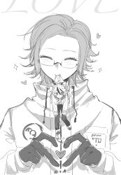 2boys ^_^ absurdres animal_ears aotsuki_eito breast_pocket cat_ears chinese_commentary closed_eyes clothes_in_mouth english_text facing_viewer four-finger_heart_hands glasses greyscale heart heart_hands heart_in_heart_hands highres jacket kemonomimi_mode looking_at_viewer male_focus mini_person miniboy monochrome mouth_hold multiple_boys peekaboozka pocket short_hair smile sparkle sumino_takumi the_hundred_line_-last_defense_academy-