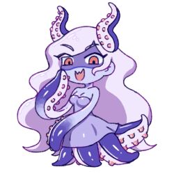 Rule 34 | 1girl, bare shoulders, blue skin, breasts, chibi, chibi only, collarbone, colored skin, full body, grey hair, highres, kato (momota rosan), long hair, looking at viewer, medium breasts, molly (omori), omori, open mouth, red eyes, simple background, solo, tentacles, white background