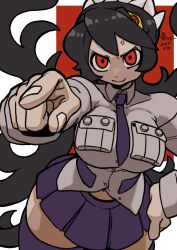 1girl anger_vein angry black_hair bone_nigi breasts cheek_bulge facing_viewer filia_(skullgirls) hand_on_own_hip highres index_finger_raised large_breasts long_hair looking_at_viewer necktie pleated_skirt pointing pointing_at_viewer pout red_background red_eyes school_uniform skirt skullgirls solo thick_thighs thighhighs thighs wide_hips