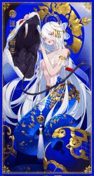 1girl 2025 animal blue_scales braid breasts chinese_zodiac completely_nude fang gem gogomoldy gold_halo gold_scales gold_snake hair_censor hair_over_breasts happy_new_year highres jewelry lamia long_hair looking_at_viewer mark_under_both_eyes medium_breasts monster_girl navel new_year nude open_mouth original oversized_animal red_eyes red_gemstone ribbon scales see-through_ribbon shawl slit_pupils smile snake snake_armband snake_girl snake_tail solo tail tassel very_long_hair white_hair white_snake year_of_the_snake