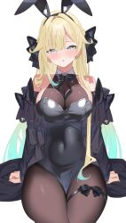 1girl :o aizawa_ema alternate_costume animal_ear_hairband animal_ears aqua_eyes armpit_crease asymmetrical_bangs bare_shoulders black_bow black_bowtie black_coat black_leotard black_pantyhose blonde_hair blush bow bowtie breasts cleavage coat commentary_request covered_navel detached_collar dress fake_animal_ears fine_fabric_emphasis gradient_hair green_hair hair_bow hair_flaps hairband half_updo halter_dress halterneck highres large_breasts leotard long_hair long_sleeves looking_at_viewer multicolored_hair nontraditional_playboy_bunny off_shoulder pantyhose parted_lips pelvic_curtain rabbit_ear_hairband rabbit_ears see-through_cleavage see-through_clothes simple_background sino_(oyasumi_hf) sitting solo straight-on thigh_bow thigh_strap virtual_youtuber vspo! white_background