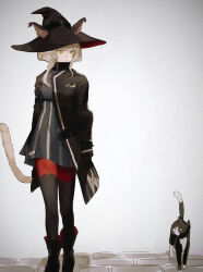 1girl absurdres animal animal_ears arknights black_dress black_hat black_jacket black_thighhighs cat cat_ears cat_girl cat_tail commentary dress grey_hair hands_in_pockets hat haze_(arknights) highres iii37998258 jacket pointy_hat tail thighhighs walking