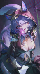 1girl animal_ear_fluff animal_ears animal_hood black_gloves black_leotard blue_eyes boots breasts cat_ears cat_girl cat_hood cat_tail cipher_(honkai:_star_rail) cleavage commentary fingerless_gloves gloves gold_boots grey_hair highres holding holding_jewelry holding_sack honkai:_star_rail honkai_(series) hood jewelry large_breasts leaning_forward leotard mole mole_on_breast sack short_hair smile solo tail thighs yanjem