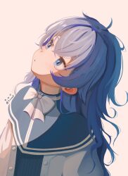 Rule 34 | 1girl, absurdres, blue capelet, blue eyes, blue hair, bow, bowtie, capelet, crossed bangs, highres, long hair, looking up, mushoku tensei, pink background, roxy migurdia, simple background, solo, tinivast, twitter username, upper body, white bow, white bowtie