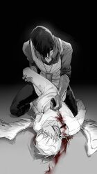 2boys alien_stage angel angel_wings apron blood chinese_commentary closed_eyes commentary eweisse greyscale highres holding holding_knife ivan_(alien_stage) knife lanyard lying male_focus monochrome multiple_boys on_back pants shirt short_hair spot_color stab straddling till_(alien_stage) wings