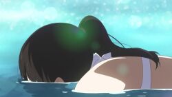 Rule 34 | 1girl, animated, anime screenshot, bikini, black hair, breasts, chitanda eru, closed eyes, female focus, highres, holding breath, hyouka, kyoto animation, large breasts, long hair, partially submerged, ponytail, purple eyes, solo, sound, swimsuit, tagme, video, wet