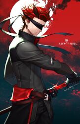 1boy adam_taurus black_blindfold black_jacket black_pants blindfold broken_moon character_name closed_mouth commentary english_commentary glint highres holding holding_sword holding_weapon horns jacket katana moon official_art pants red_hair red_sky rwby sheath short_hair signature sky solo sword unsheathing uyalago weapon
