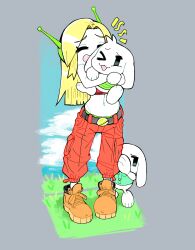 Rule 34 | 1girl, 1her0, 2others, android, blonde hair, boots, brown boots, character request, closed eyes, curly brace, doukutsu monogatari, highres, long hair, mimiga, multiple others, navel, open mouth, pants, red pants, smile