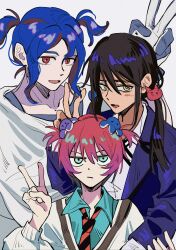 1boy 2girls absurdres alternate_hairstyle amate_yuzuriha aqua_eyes blue_hair blush chinese_commentary collared_shirt colored_inner_hair commentary_request gloves gundam gundam_gquuuuuux hair_ornament highres jacket jitome long_hair long_sleeves looking_at_viewer multicolored_hair multiple_girls necktie nyaan_(gundam_gquuuuuux) open_mouth purple_hair red_eyes red_hair school_uniform shirt short_hair short_twintails shuji_ito simple_background sweater twintails two-tone_hair v white_background xianyuling245 yellow_eyes