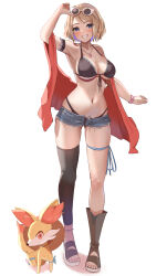 1girl bikini black_bikini black_thighhighs blonde_hair breasts denim denim_shorts fennekin gen_6_pokemon highres jeans looking_at_viewer momdy_(talesshinja) nintendo pants pokemon pokemon_(anime) pokemon_(creature) pokemon_xy_(anime) red_vest ribbon serena_(pokemon) short_hair shorts simple_background single_thighhigh smile starter_pokemon_trio sunglasses swimsuit thighhighs vest