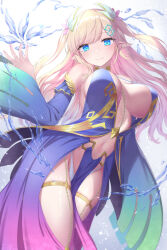 1girl bare_shoulders blue_dress blue_sleeves breasts cleavage closed_mouth commentary_request cowboy_shot detached_sleeves dress elf hair_ornament hairclip hand_up highres jewelry large_breasts looking_at_viewer mizuya_nao navel original panties pelvic_curtain pointy_ears revealing_clothes sidelocks skindentation sleeveless sleeveless_dress smile solo standing stomach swept_bangs thighlet two_side_up underwear water white_background white_panties